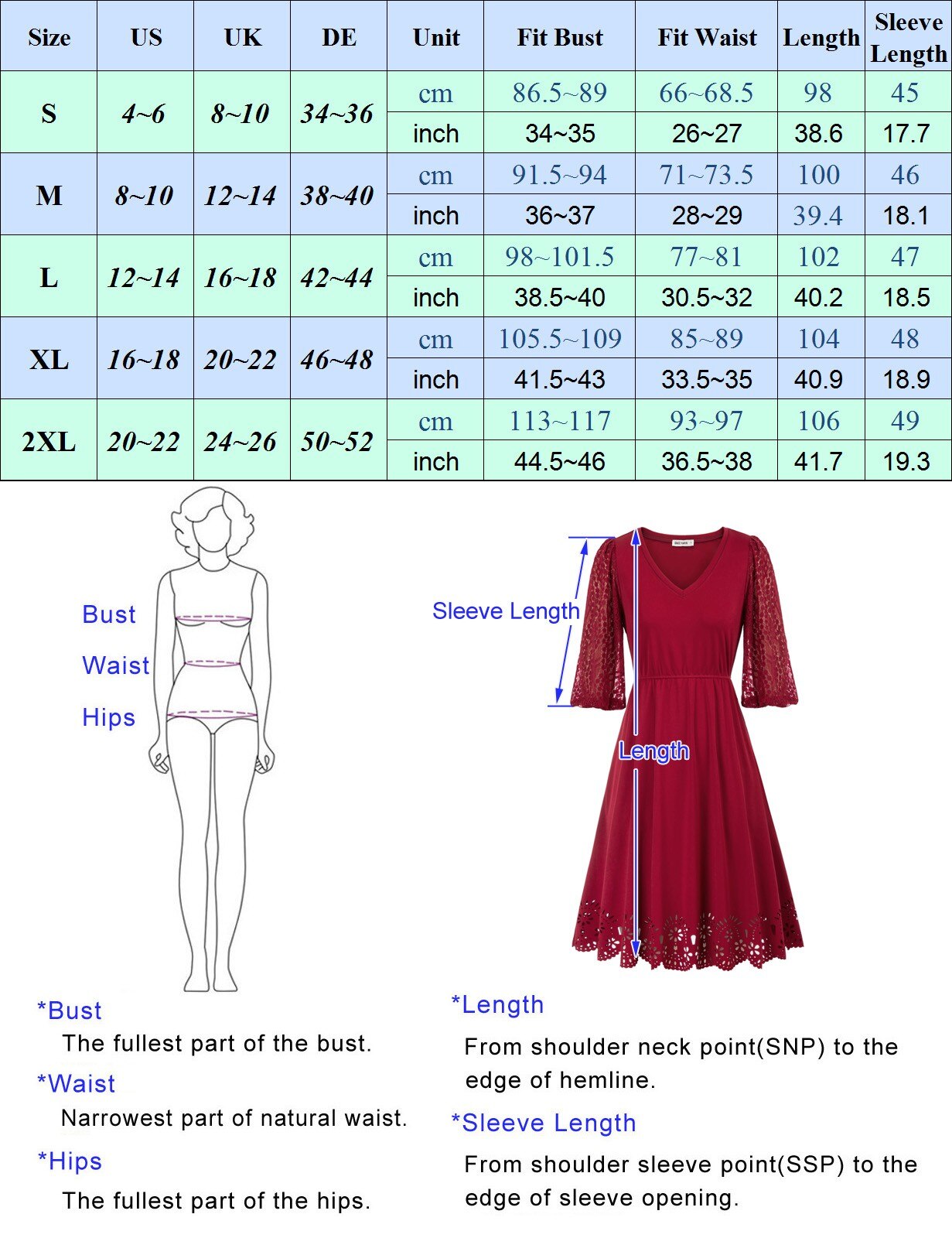 Women Burn-out Hem Dress 1/2 Lantern Sleeve V-Neck Elastic Waist A-Line Dress Half Length Lace Lantern Sleeves