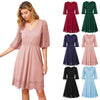 Women Burn-out Hem Dress 1/2 Lantern Sleeve V-Neck Elastic Waist A-Line Dress Half Length Lace Lantern     Sleeves
