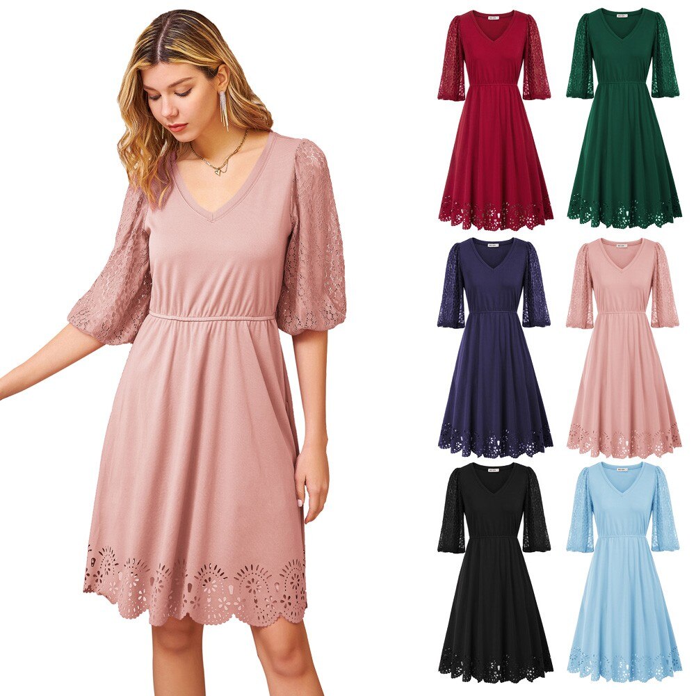 Women Burn-out Hem Dress 1/2 Lantern Sleeve V-Neck Elastic Waist A-Line Dress Half Length Lace Lantern Sleeves