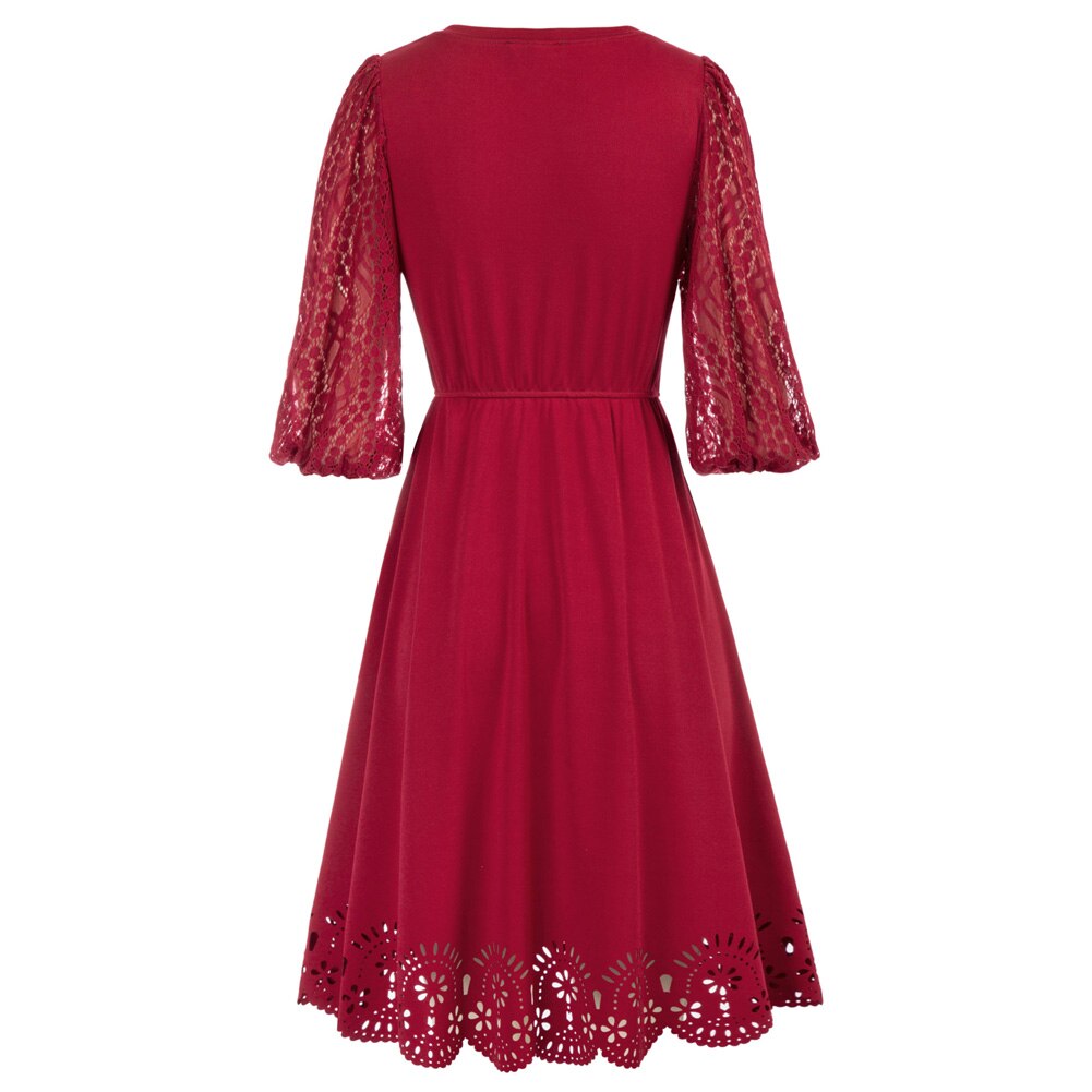 Women Burn-out Hem Dress 1/2 Lantern Sleeve V-Neck Elastic Waist A-Line Dress Half Length Lace Lantern Sleeves