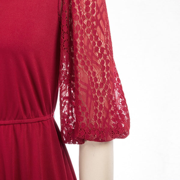 Women Burn-out Hem Dress 1/2 Lantern Sleeve V-Neck Elastic Waist A-Line Dress Half Length Lace Lantern     Sleeves
