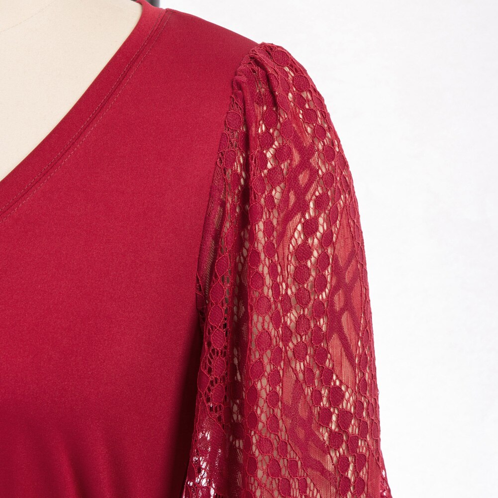 Women Burn-out Hem Dress 1/2 Lantern Sleeve V-Neck Elastic Waist A-Line Dress Half Length Lace Lantern Sleeves