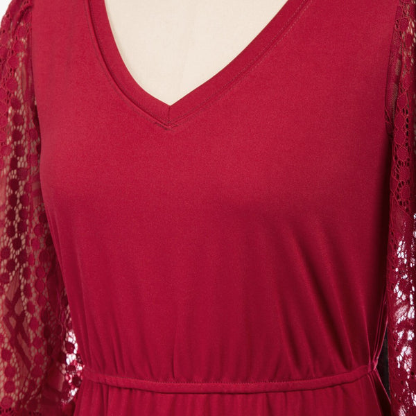 Women Burn-out Hem Dress 1/2 Lantern Sleeve V-Neck Elastic Waist A-Line Dress Half Length Lace Lantern     Sleeves