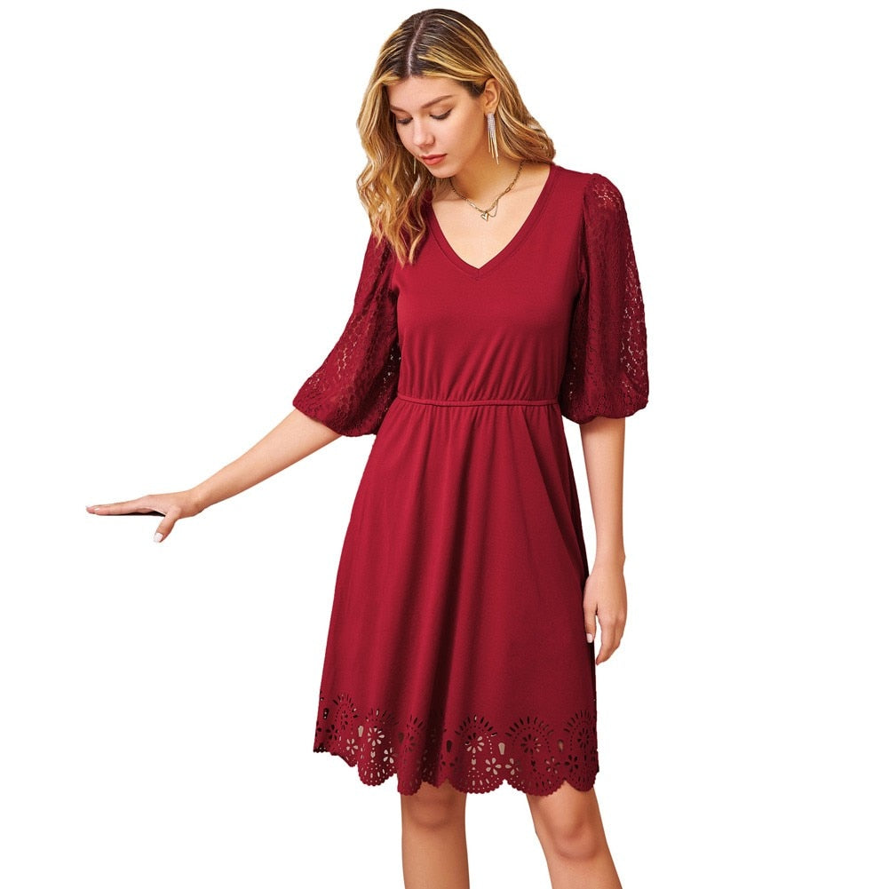 Women Burn-out Hem Dress 1/2 Lantern Sleeve V-Neck Elastic Waist A-Line Dress Half Length Lace Lantern Sleeves