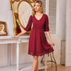 Women Burn-out Hem Dress 1/2 Lantern Sleeve V-Neck Elastic Waist A-Line Dress Half Length Lace Lantern     Sleeves