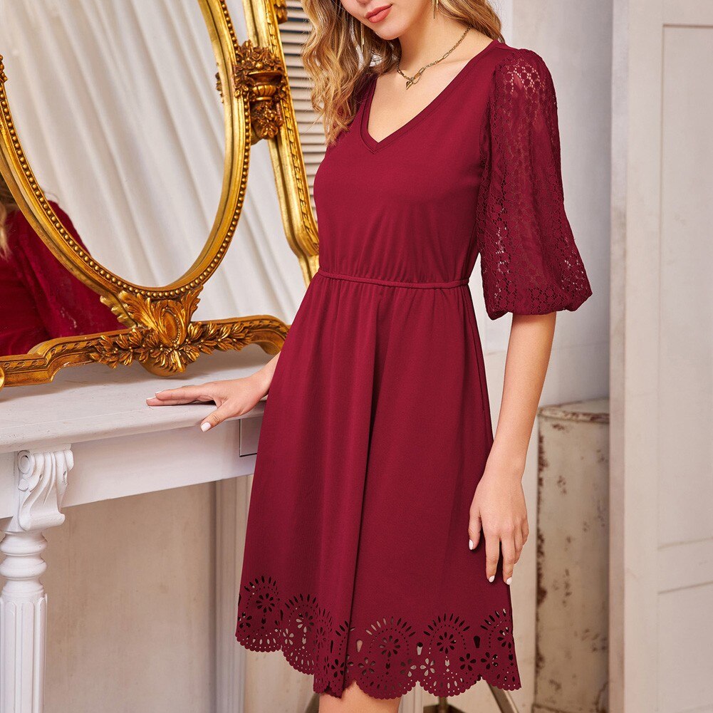 Women Burn-out Hem Dress 1/2 Lantern Sleeve V-Neck Elastic Waist A-Line Dress Half Length Lace Lantern Sleeves