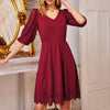 Women Burn-out Hem Dress 1/2 Lantern Sleeve V-Neck Elastic Waist A-Line Dress Half Length Lace Lantern     Sleeves