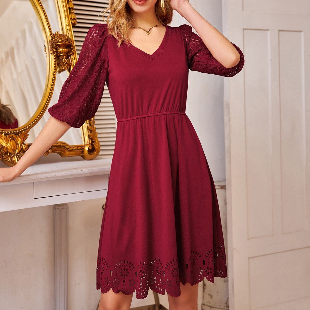Women Burn-out Hem Dress 1/2 Lantern Sleeve V-Neck Elastic Waist A-Line Dress Half Length Lace Lantern Sleeves