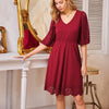 Women Burn-out Hem Dress 1/2 Lantern Sleeve V-Neck Elastic Waist A-Line Dress Half Length Lace Lantern     Sleeves