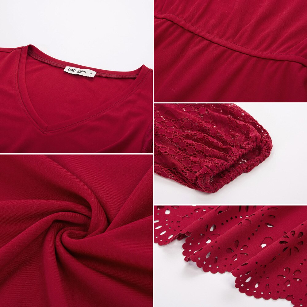 Women Burn-out Hem Dress 1/2 Lantern Sleeve V-Neck Elastic Waist A-Line Dress Half Length Lace Lantern Sleeves