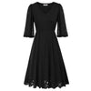 Women Burn-out Hem Dress 1/2 Lantern Sleeve V-Neck Elastic Waist A-Line Dress Half Length Lace Lantern     Sleeves