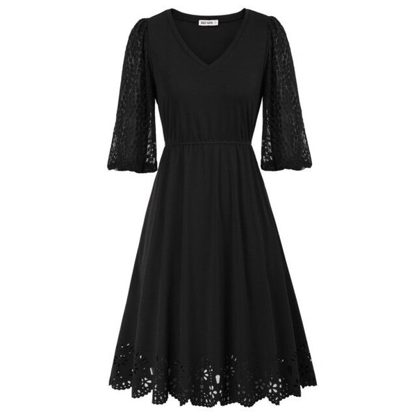 Women Burn-out Hem Dress 1/2 Lantern Sleeve V-Neck Elastic Waist A-Line Dress Half Length Lace Lantern     Sleeves