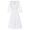 Women Burn-out Hem Dress 1/2 Lantern Sleeve V-Neck Elastic Waist A-Line Dress Half Length Lace Lantern     Sleeves