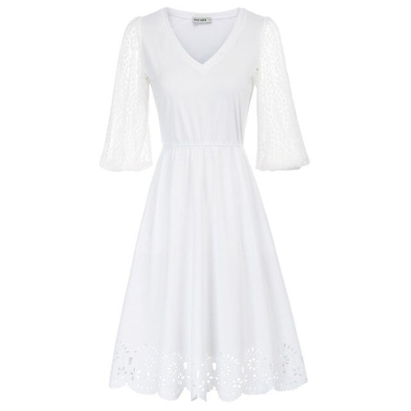 Women Burn-out Hem Dress 1/2 Lantern Sleeve V-Neck Elastic Waist A-Line Dress Half Length Lace Lantern     Sleeves
