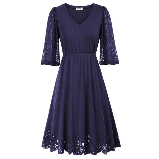 Women Burn-out Hem Dress 1/2 Lantern Sleeve V-Neck Elastic Waist A-Line Dress Half Length Lace Lantern Sleeves