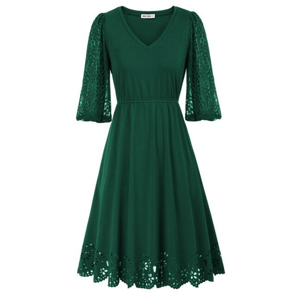 Women Burn-out Hem Dress 1/2 Lantern Sleeve V-Neck Elastic Waist A-Line Dress Half Length Lace Lantern     Sleeves