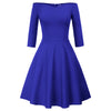 GK Retro Solid Color 3/4 Sleeve Off Shoulder V-Neck Stretchy Swing Dress Three-quarter Sleeves Off-shoulder V-neck Nylon Cotton