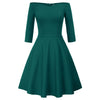 GK Retro Solid Color 3/4 Sleeve Off Shoulder V-Neck Stretchy Swing Dress Three-quarter Sleeves Off-shoulder V-neck Nylon Cotton