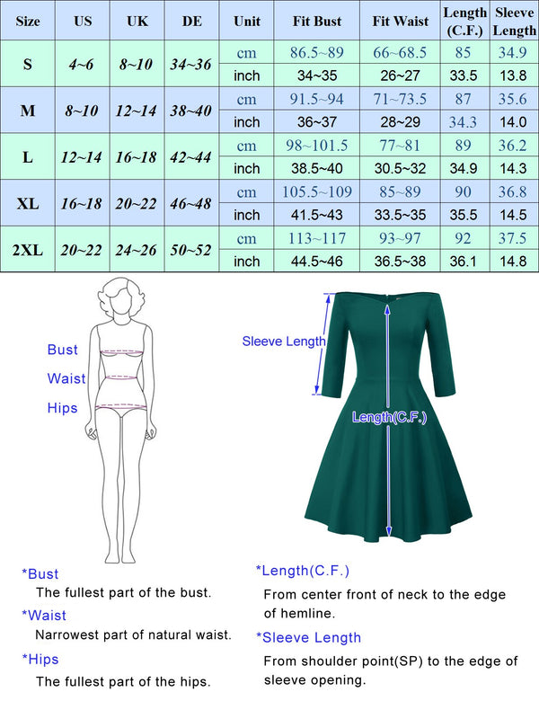 GK Retro Solid Color 3/4 Sleeve Off Shoulder V-Neck Stretchy Swing Dress Three-quarter Sleeves Off-shoulder V-neck Nylon Cotton