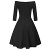 GK Retro Solid Color 3/4 Sleeve Off Shoulder V-Neck Stretchy Swing Dress Three-quarter Sleeves Off-shoulder V-neck Nylon Cotton