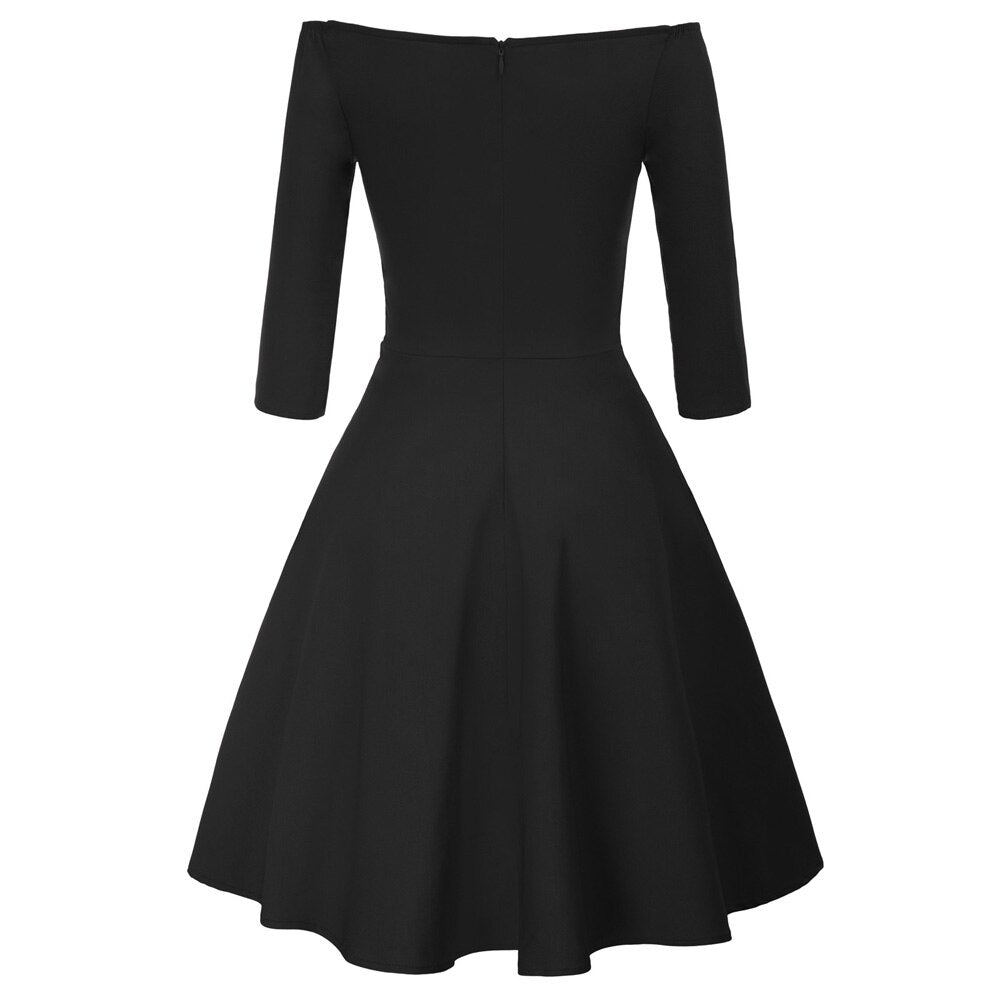 GK Retro Solid Color 3/4 Sleeve Off Shoulder V-Neck Stretchy Swing Dress Three-quarter Sleeves Off-shoulder V-neck Nylon Cotton