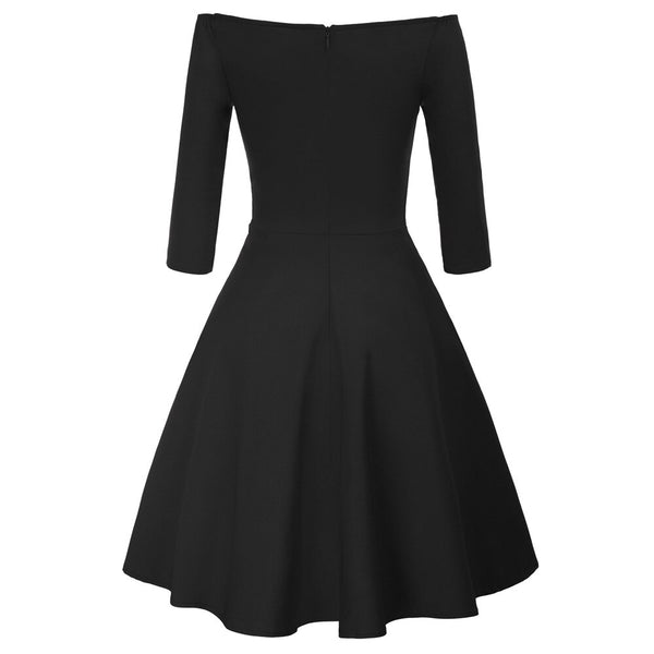 GK Retro Solid Color 3/4 Sleeve Off Shoulder V-Neck Stretchy Swing Dress Three-quarter Sleeves Off-shoulder V-neck Nylon Cotton