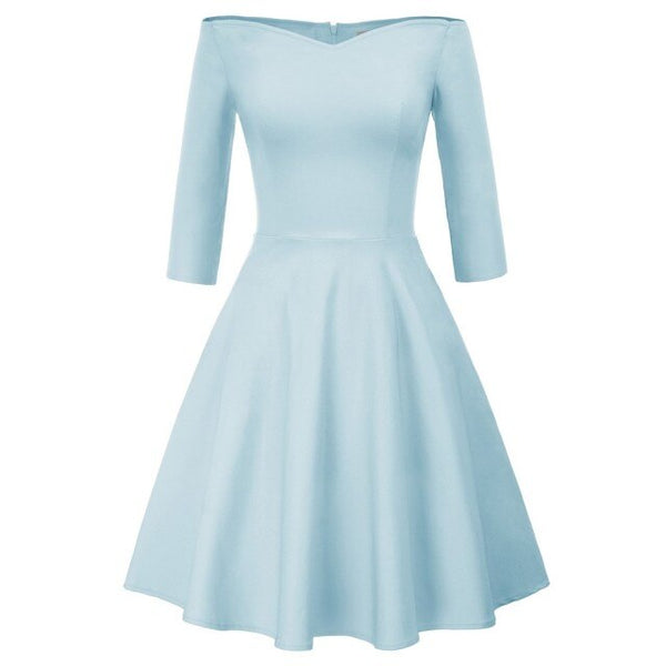 GK Retro Solid Color 3/4 Sleeve Off Shoulder V-Neck Stretchy Swing Dress Three-quarter Sleeves Off-shoulder V-neck Nylon Cotton