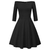 GK Retro Solid Color 3/4 Sleeve Off Shoulder V-Neck Stretchy Swing Dress Three-quarter Sleeves Off-shoulder V-neck Nylon Cotton