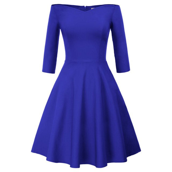 GK Retro Solid Color 3/4 Sleeve Off Shoulder V-Neck Stretchy Swing Dress Three-quarter Sleeves Off-shoulder V-neck Nylon Cotton