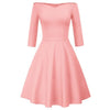 GK Retro Solid Color 3/4 Sleeve Off Shoulder V-Neck Stretchy Swing Dress Three-quarter Sleeves Off-shoulder V-neck Nylon Cotton