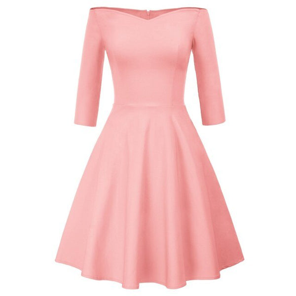 GK Retro Solid Color 3/4 Sleeve Off Shoulder V-Neck Stretchy Swing Dress Three-quarter Sleeves Off-shoulder V-neck Nylon Cotton