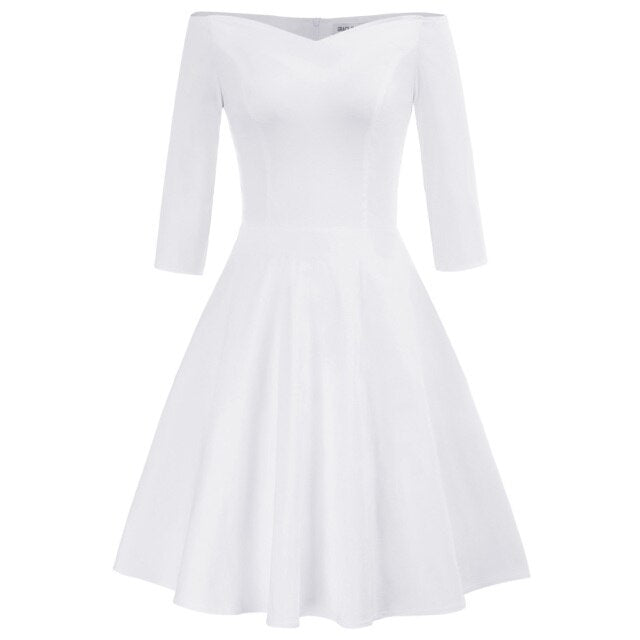 GK Retro Solid Color 3/4 Sleeve Off Shoulder V-Neck Stretchy Swing Dress Three-quarter Sleeves Off-shoulder V-neck Nylon Cotton