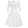 GK Retro Solid Color 3/4 Sleeve Off Shoulder V-Neck Stretchy Swing Dress Three-quarter Sleeves Off-shoulder V-neck Nylon Cotton