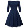 GK Retro Solid Color 3/4 Sleeve Off Shoulder V-Neck Stretchy Swing Dress Three-quarter Sleeves Off-shoulder V-neck Nylon Cotton