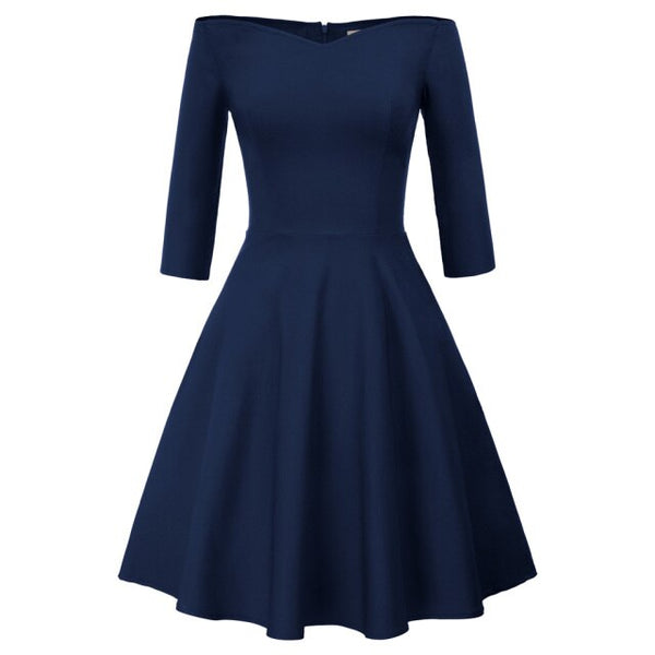 GK Retro Solid Color 3/4 Sleeve Off Shoulder V-Neck Stretchy Swing Dress Three-quarter Sleeves Off-shoulder V-neck Nylon Cotton