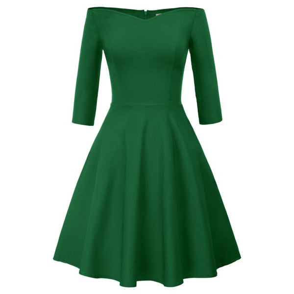 GK Retro Solid Color 3/4 Sleeve Off Shoulder V-Neck Stretchy Swing Dress Three-quarter Sleeves Off-shoulder V-neck Nylon Cotton