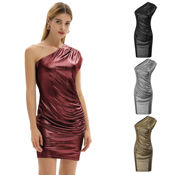 Women's Sleeveless Asymmetric One Shoulder Hips-Wrapped Bodycon Pencil Dress Neckline With Anti-slip Silicon