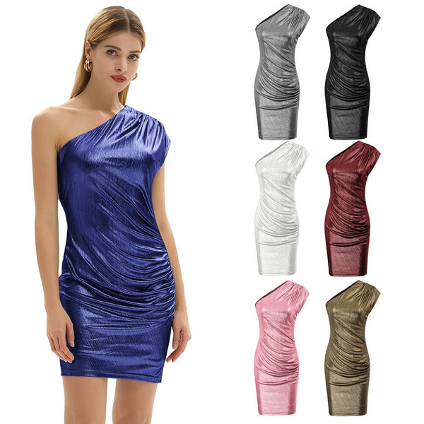 Women's Sleeveless Asymmetric One Shoulder Hips-Wrapped Bodycon Pencil Dress Neckline With Anti-slip Silicon
