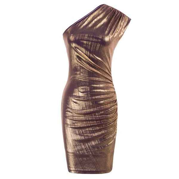 Women's Sleeveless Asymmetric One Shoulder Hips-Wrapped Bodycon Pencil Dress Neckline With Anti-slip Silicon