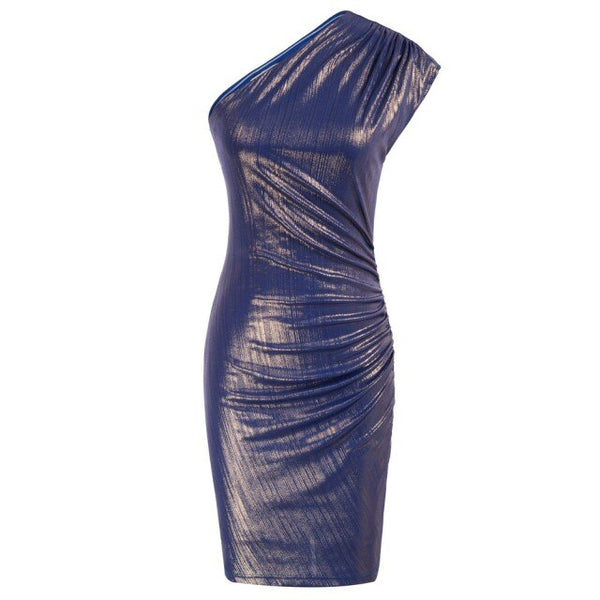 Women's Sleeveless Asymmetric One Shoulder Hips-Wrapped Bodycon Pencil Dress Neckline With Anti-slip Silicon