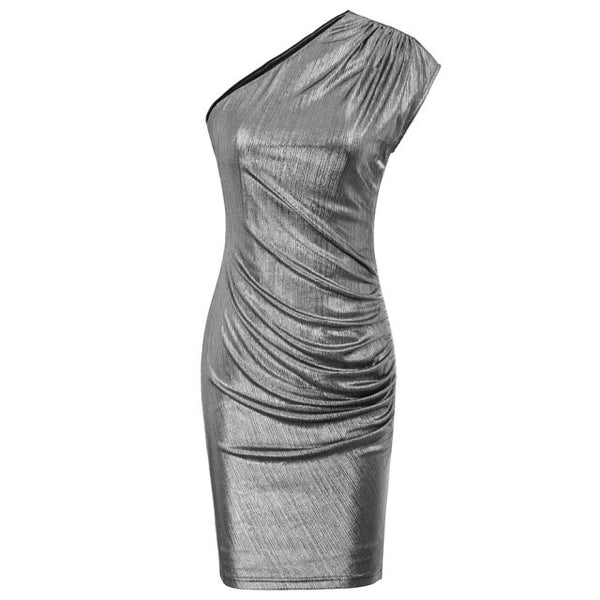 Women's Sleeveless Asymmetric One Shoulder Hips-Wrapped Bodycon Pencil Dress Neckline With Anti-slip Silicon