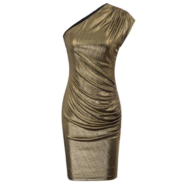 Women's Sleeveless Asymmetric One Shoulder Hips-Wrapped Bodycon Pencil Dress Neckline With Anti-slip Silicon