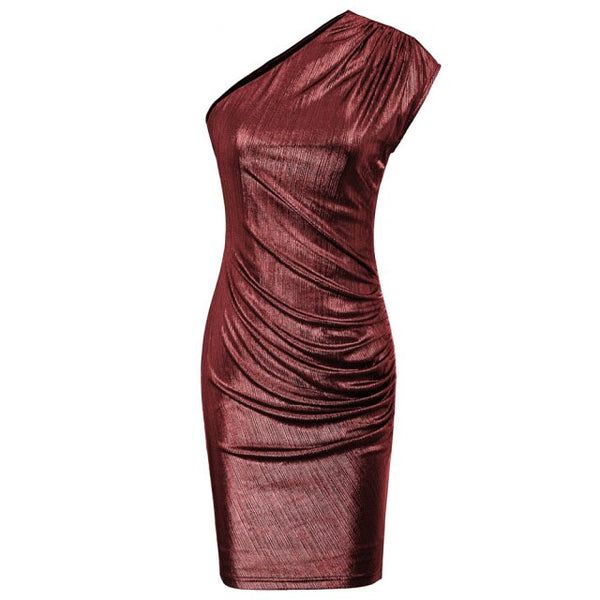 Women's Sleeveless Asymmetric One Shoulder Hips-Wrapped Bodycon Pencil Dress Neckline With Anti-slip Silicon