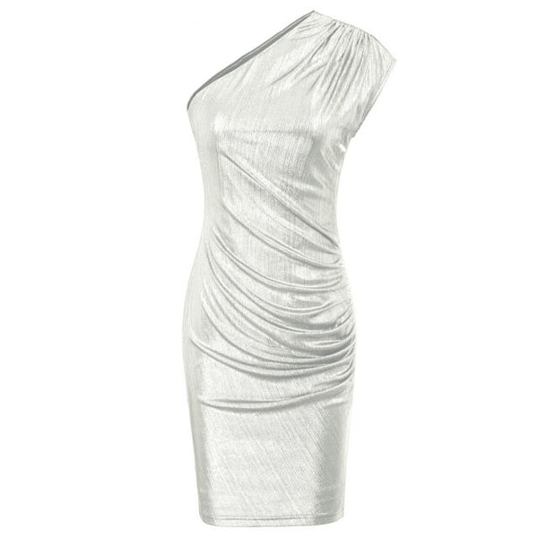 Women's Sleeveless Asymmetric One Shoulder Hips-Wrapped Bodycon Pencil Dress Neckline With Anti-slip Silicon