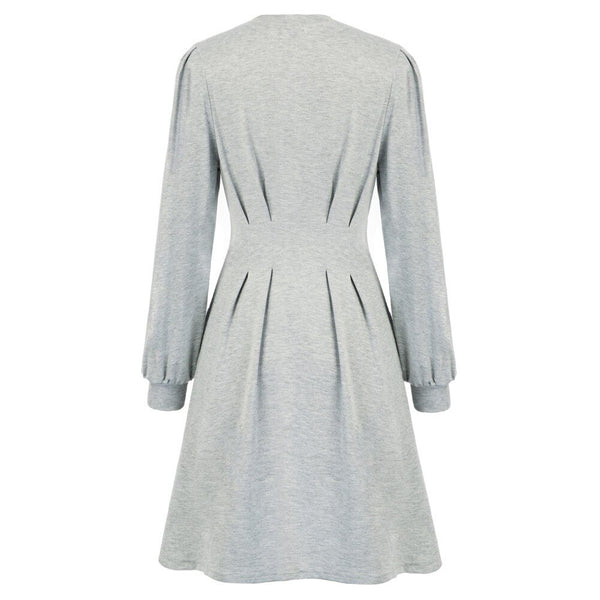 Women Fashion Crew Neck Midi Dress Pleated Solid Color Casual Long Sleeve Female Pull-on A-Line Dresses