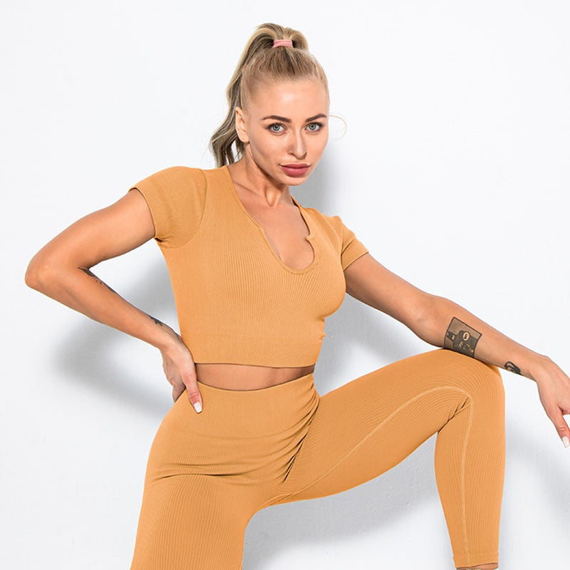 Seamless Yoga Shirt Deep V-Neck Women Fitness Short Sleeve Crop Top Workout Tops Gym Clothes Running Sports T-shirts Sportswear