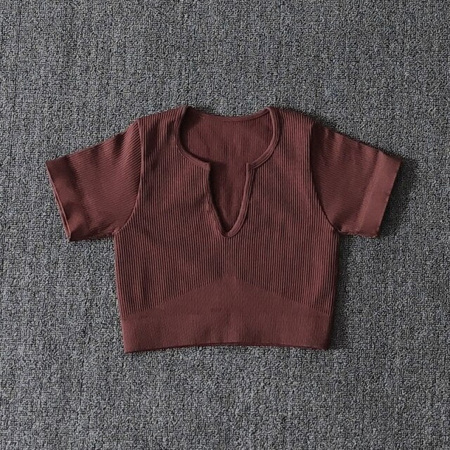 Seamless Yoga Shirt Deep V-Neck Women Fitness Short Sleeve Crop Top Workout Tops Gym Clothes Running Sports T-shirts Sportswear