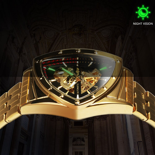 Triangle Military Men Watch Skeleton Mechanical Automatic Wristwatches Silver Stainless Steel Strap Irregular