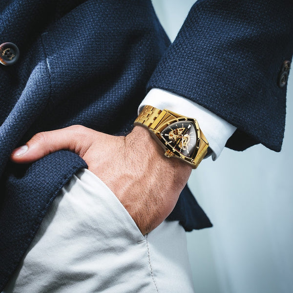 Triangle Military Men Watch Skeleton Mechanical Automatic Wristwatches Silver Stainless Steel Strap Irregular