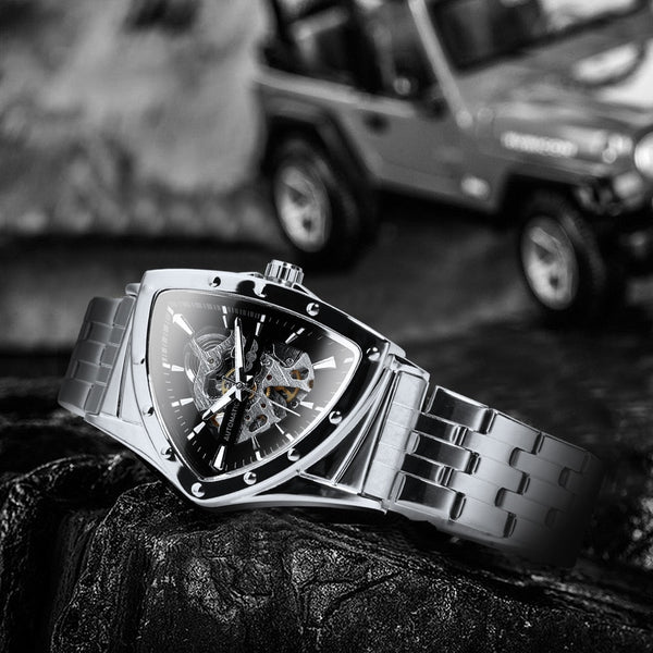 Triangle Military Men Watch Skeleton Mechanical Automatic Wristwatches Silver Stainless Steel Strap Irregular
